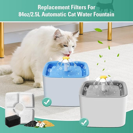 4 Pack Replacement Filters & Pre-Filter Sponges for 84oz/2.5L Automatic Pet Fountain, BFLICROY Cat Water Fountain Filter, Triple Filtration Pet Fountain Replacement Filters