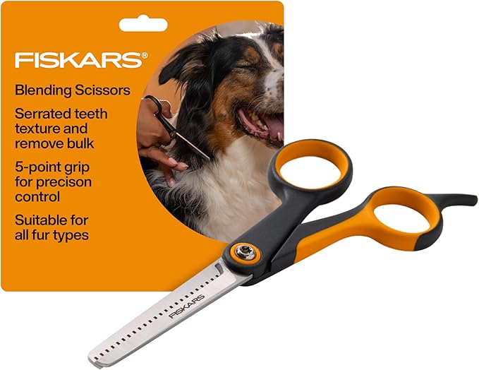 Fiskars Pet Blending Scissors, Dog and Cat Grooming Scissors, Serrated Teeth for Thinning & SoftGrip Handle, 6.5”, Orange/Black