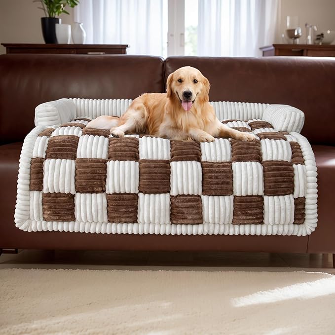 LiveGo Fuzzy Pet Couch Covers for Sofa, Dog Couch Cover Fuzzy Sofa Cover Cream Square Plaid Dog Bed Plush Dog Mat for Furniture Protector for Large Medium Dogs and Cats (Dark Brown, 35.4"*35.4")