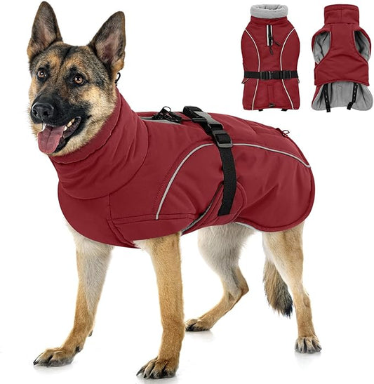 Queenmore XXL Dog Coat, Winter Jacket for Large Dogs, Waterproof Puffy Snowsuit, Adjustable Reflective Fleece Lining Warm Padding Parka for Cold Weather, Red 2XL