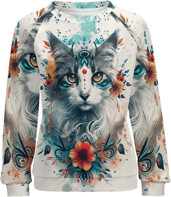 Womens novelty funny cat printed crewneck sweatshirt casual loose long sleeve graphic pullover sweatshirts tops