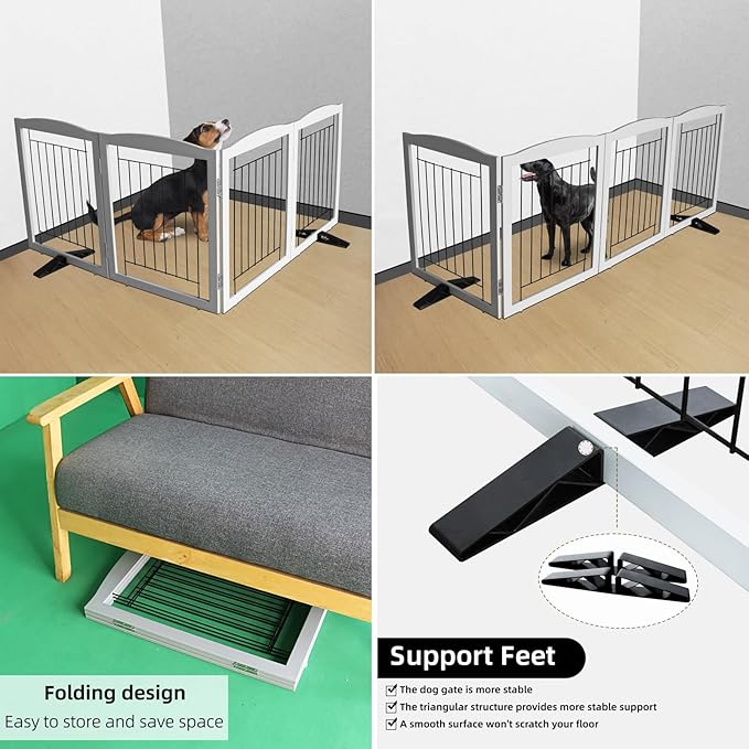 ZJSF Freestanding Dog Fence Indoor, Foldable Dog Gate for Doorways, Stairs or Hallways, Sturdy Wood Extra Wide Pet Gate with Support Feet for The House, Grey, 32 "Height-4 Panels