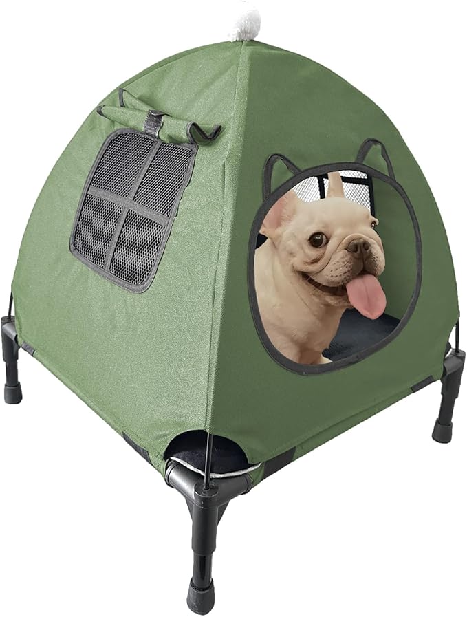 Love&go Elevated Dog Bed with Metal Frame, Cooling Raised Pet Cot for Dog and Cat (S - Olive Green Bed+Mat+Canopy, Small-18.5x18.5x5.5 inch)