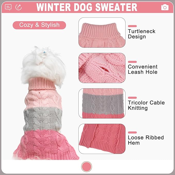 EXPAWLORER Dog Sweater with Leash Hole - Small Dogs Fall Sweaters for Girls Boys,Classic Turtleneck Knitwear Dog Clothes for Cold Weather, Cable Knit Dogs Outfit,Coat,Pet Apparel(Pink&Grey,S)