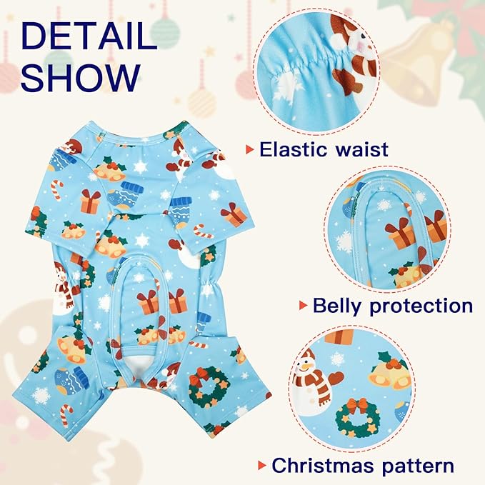 XXS Puppy Chihuahu Christmas Pajamas - 4-Leg Long Sleeve Dog Onesie | Warm, Soft & Breathable Pjs for Sleeping, Cute Xmas Prints Suit for Indoor Comfort & Shedding Control, Blue