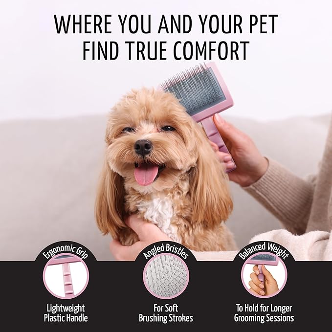 Tauro Pro Line Dog Brush for Shedding - Doodle & Poodle Slicker Brush for Long Haired Dogs & Cats - Detangler for Pet Grooming, Non-Slip Grip, Soft Pin (Size L - Pink)