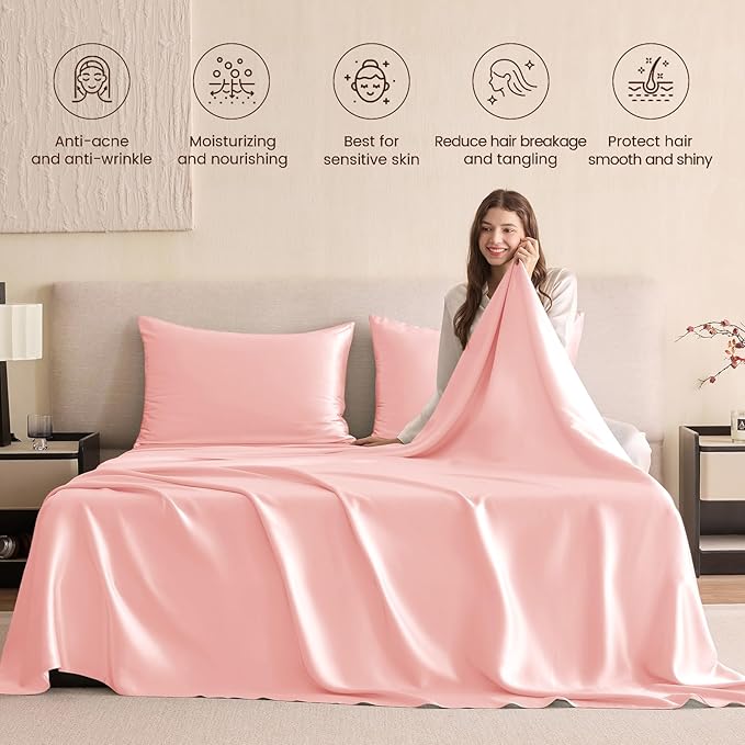 THXSILK Silk Sheet Set 4Pcs, 6A+ Top Grade 100% Pure Mulberry Silk Bed Sheets Ultra Soft Durable Luxury Bedding Sets, 1 Fitted Sheet, 1 Flat Sheet and 2 Pillowcases (Twin, Charming Pink)