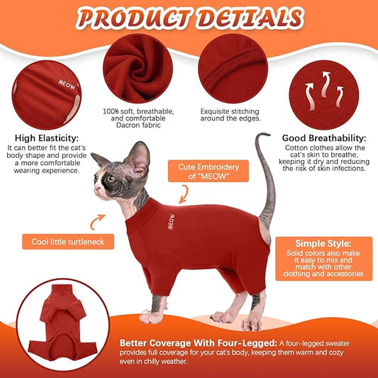 ROZKITCH Hairless Cat Clothes, Breathable Soft Cat Jumpers for Cats Only, Cat Coat with Four Legs, Warm Cat Sweater Cat T-Shirt Cat Pajamas Jumpsuit Vest Cornish Rex Devon Rex Peterbald Red M