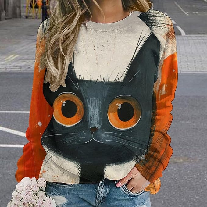 Biacolum Long Sleeve Shirts for Women Mid Century Retro Style Atomic Cat 3D Graphic Sweatshirts Fall Crewneck Pullover Top