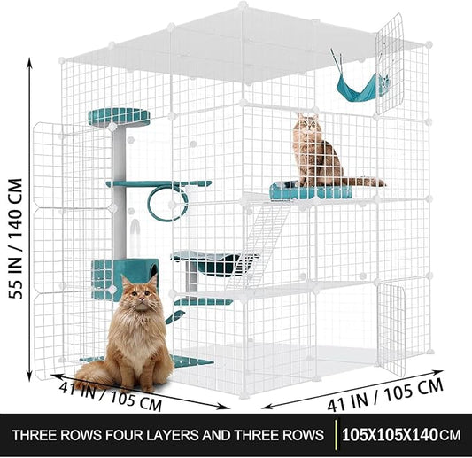 Large Cat Cage Enclosure Indoor DIY Cat Playpen Pet Home Small Animal House Detachable Metal Wire Kennels Crate Large Exercise Place Ideal for 1-4 Cat (White, 41.3" Lx41.3 Wx55 H, 1)