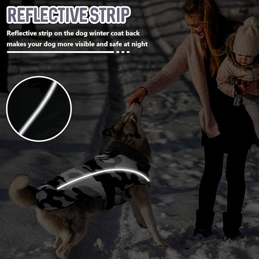 DENTRUN Dog Winter Coat - Windproof Reflective Jacket, Plush Turtleneck & Adjustable Belt, Water Repellent Fleece Lined Cold Weather Vest for Corgi Bulldog, White Camo, L