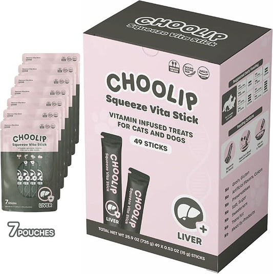Choolip Squeeze Vita Stick Lickable Cat and Dog Treats – 49-Count Liver Support Sticks with Multivitamins, Soft Squeezable Paste for All Life Stages, Supporting Liver Health - Box with 7 Pouches