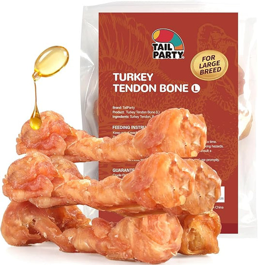 TailParty Turkey Tendons for Dogs with Fish Oil & Taurine: 8 oz Large Dog Healthy Treats, All Natural Dental Chew Bones, Long-Lasting Training-Reward Snacks for Health-Conscious Pet Owners(L)