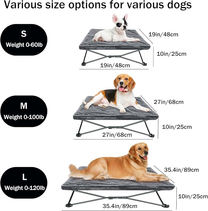unp Raised Outdoor Dog Bed - 19 x 19 x 10 inch Dog Bed Folding, Washable Plush Cover & Carrying Bag - Cooling Elevated Pet Cot for Dachshund, Chihuahua... (Grey, S)