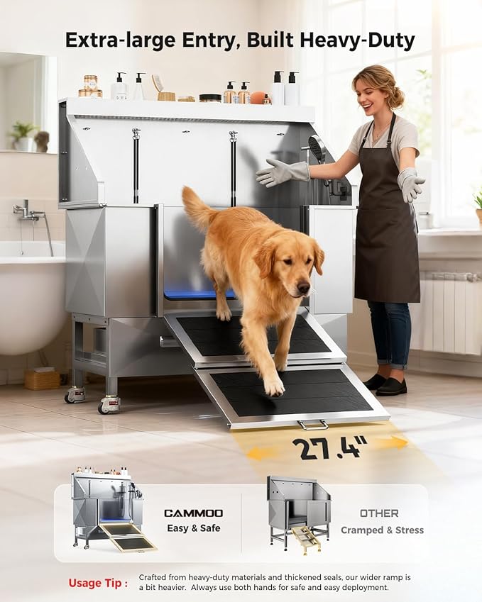 50'' Dog Bathing Station - 304 Stainless Steel, Leak-Proof Deep Soak, Dog Bathing Station, 27.4" Wide Ramp, Swivel Wheels, Dog Grooming Tub, Piano-Key Faucet, 2 Drawers for Medium & Small Pets