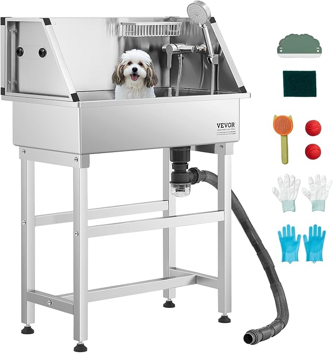 VEVOR 34 Inch Stainless Steel Dog Washing Station, Pet Grooming Tub with Hot & Cold Faucet, Showerhead, Storage Rack, No-Bend All-in-One Bathtub, Home Wash Sink, Fits Small Cats and Dogs