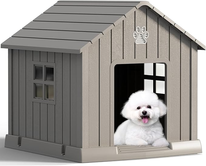 Fancyango Dog House Outdoor Indoor - Waterproof, Ventilated, Easy to Clean, Elevated Floor for Small-Large Dogs, Easy to Assemble (Grey, 31" L x 33.3" W x 33.5" H)