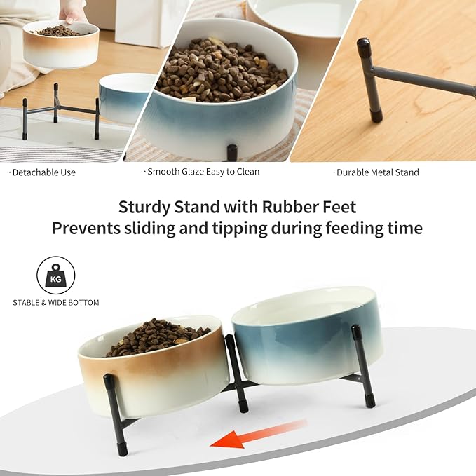 32 OZ Ceramic Dog Cat Bowl with Elevated Metal Stand, 6 Inch Ceramic Pet Dish for Food and Water, Pet Feeder Bowls for Cats & Dogs - Set of 2, Blue & Brown