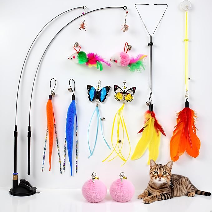 Blrmba Interactive Cat Toys: 4 Ways to Play Indoor Kitten Wand with Suction Cup, Removable 12Pcs Replacements (Feathers, Mice, Butterflies, Caterpillars, Flies, Fur Balls) – Detachable Design