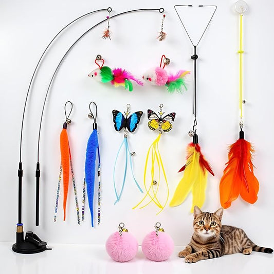 Blrmba Interactive Cat Toys: 4 Ways to Play Indoor Kitten Wand with Suction Cup, Removable 12Pcs Replacements (Feathers, Mice, Butterflies, Caterpillars, Flies, Fur Balls) – Detachable Design