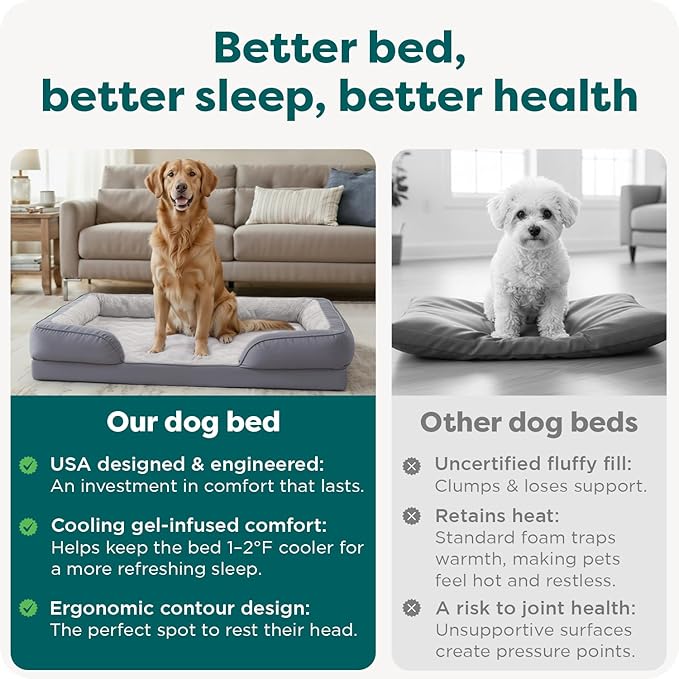 FurHaven Cooling Gel Dog Bed for Large Dogs, Perfect Comfort Sofa Bed with Cool Gel-Top Foam & Solid Orthopedic Foam Base for Joint Support, Washable Cover, Jumbo/XL, Plush & Velvet, Granite Gray