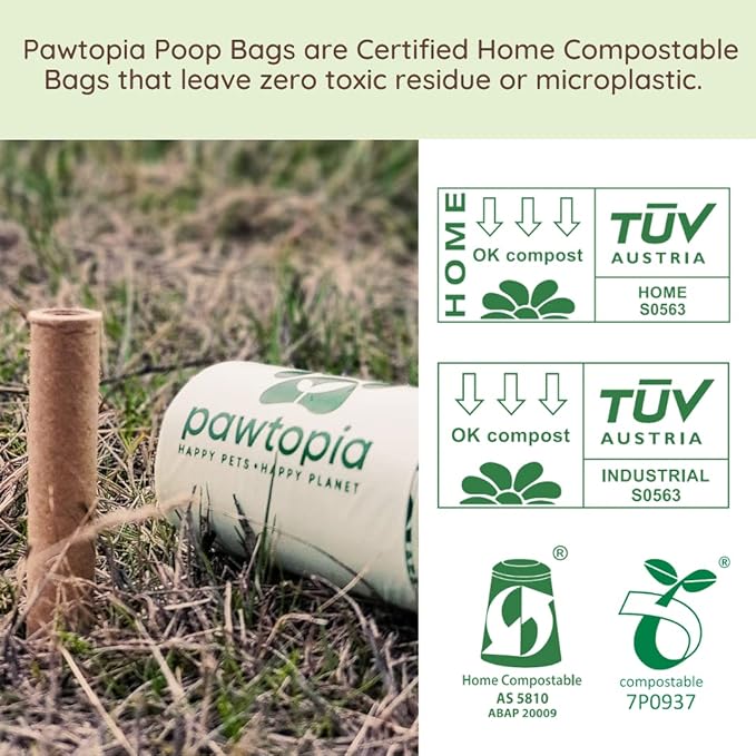 Pawtria Certified Home Compostable Dog Poop Bags (240 Bags + Lavender Carrier), Biodegradable Pet Waste Bags, Vegetable Starches, Leak proof Dog Waste Bags, Light-weight silicone made bag carrier