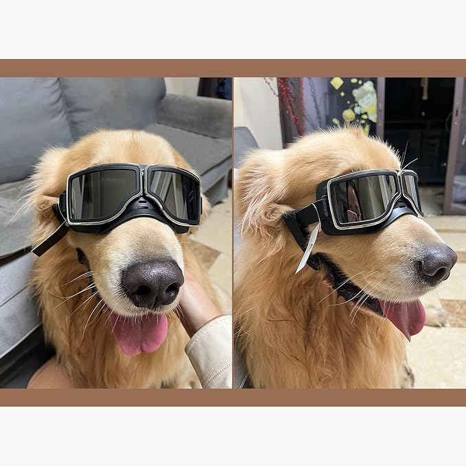 PETLESO Dog Goggles Medium Large Breed, UV400 Dog Sunglasses for Pet Outdoor Riding Driving Hiking, Windproof Snowproof Eyes Protection, Breathable Frame Adjustable Strap, Black