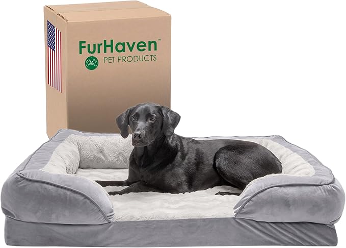 Furhaven Orthopedic Dog Bed for Large Dogs w/ Removable Bolsters & Washable Cover, For Dogs Up to 95 lbs - Plush & Velvet Waves Perfect Comfort Sofa - Granite Gray, Jumbo/XL