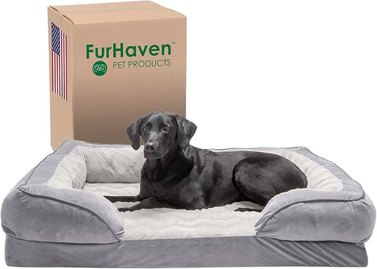 Furhaven Orthopedic Dog Bed for Large Dogs w/ Removable Bolsters & Washable Cover, For Dogs Up to 95 lbs - Plush & Velvet Waves Perfect Comfort Sofa - Granite Gray, Jumbo/XL