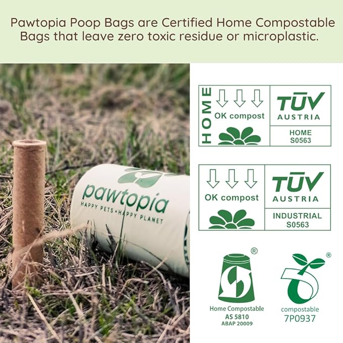 Pawtopia Pet Waste Bag Duo - 120 Standard Sized-Dog Poop Bags (8 rolls) + 100 Extra Large Cat Litter Bag with Handles (1 single roll), Vegetable Starches, Tuv Austria, Leak-Proof, Yard Pickup