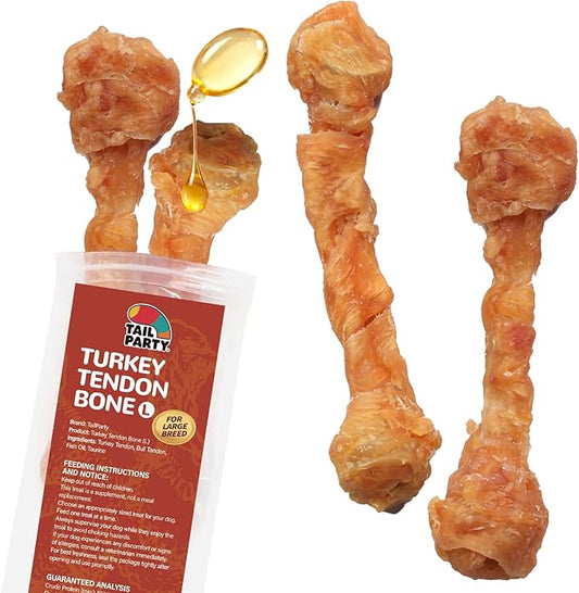 TailParty Turkey Tendons for Dogs with Fish Oil & Taurine: 4 oz Large Dog Healthy Treats, All Natural Dental Chew Bones, Long-Lasting Training-Reward Snacks for Health-Conscious Pet Owners(L)