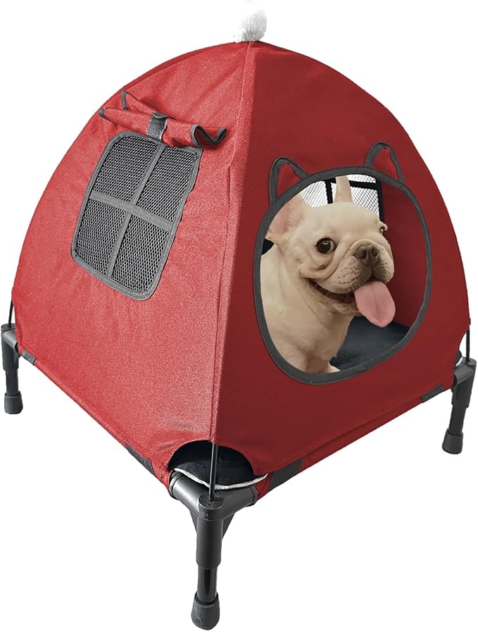 Love&go Elevated Dog Bed with Metal Frame, Cooling Raised Pet Cot for Dog and Cat (S - Red Bed+Mat+Canopy, Small-18.5x18.5x5.5 inch)
