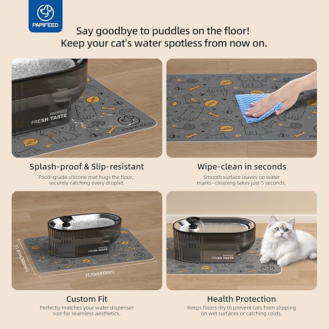 PAPIFEED Cat Water Fountain+ Stainless Steel Tray + 1 Silicone Mat+5 Filters+2 Sponges, 84 oz/2.5L Automatic Pet Drinking Fountain, Ultra Quiet Pet Fountain with Stainless Steel Tray, Easy to Clean