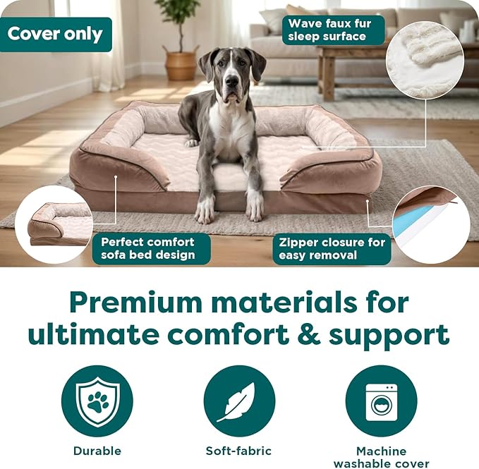 FurHaven Dog Bed Cover Replacement, Sofa-Style Design with Soft, Breathable Fabric for Cozy Comfort, Machine Washable, Jumbo Plus/XXL, Plush & Velvet Waves, Brownstone