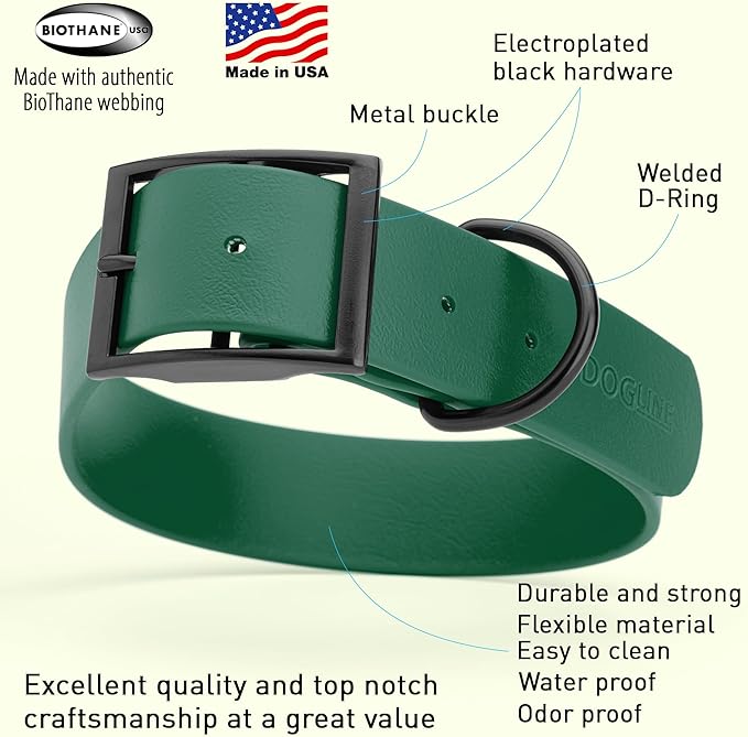 Dogline Biothane Coated Webbing Dog Collar with Black Metal Hardware: Durable Easy-Clean Everyday Collar for Dogs - Comfortable Adjustable Odor-Resistant Pet Collar, W1.5 x L24-28", Hunter Green