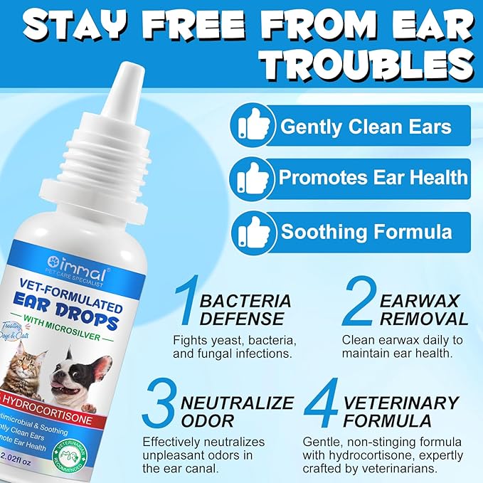 Cats & Dog Ear Infection Treatment Drops, with 1% Hydrocortisone for Dog & Cats Yeast Infection, Itchy Ear Relief, Pet Ear Care Supplies for Dogs & Cats - 2fl oz