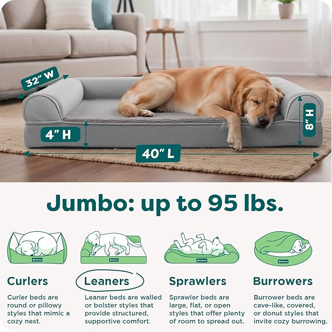 FurHaven Cooling Gel Dog Bed for Large Dogs, L-Shaped Chaise with Cool Gel-Top Foam with a Solid Orthopedic Foam Base for Joint Support, Removable Washable Cover, Jumbo/XL, Plush & Suede, Stone Gray