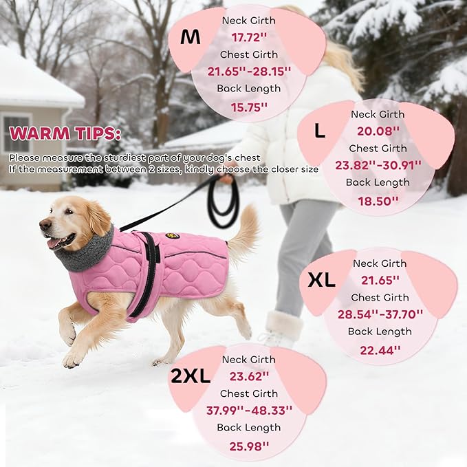Dog Coats, Warm Puppy Apparel with Fleece Lining for Cold Weather, Windproof Medium Dog Winter Jacket, Reflective Dogs Snow Coat with Leash Hole and Adjustable Buckle, NewPink M