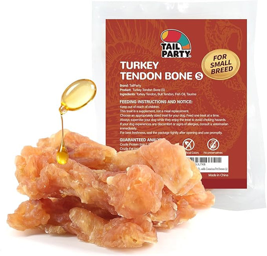 TailParty Turkey Tendons for Dogs with Fish Oil & Taurine: 4 oz Small Dog Healthy Treats, All Natural Dental Chew Bones, Long-Lasting Training-Reward Snacks for Health-Conscious Pet Owners(S)