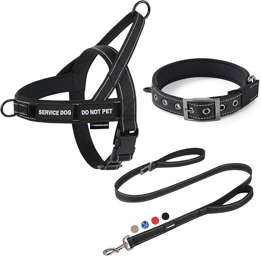 Annchwool No Pull Dog Harness, Collar & Leash Set|Reflective Dog Harness+Heavy Duty Dog Collar+Dog Leash with Double Handle & Car Seatbelt Clip|Easy for Walking Medium Large Size Dogs(Black,M)