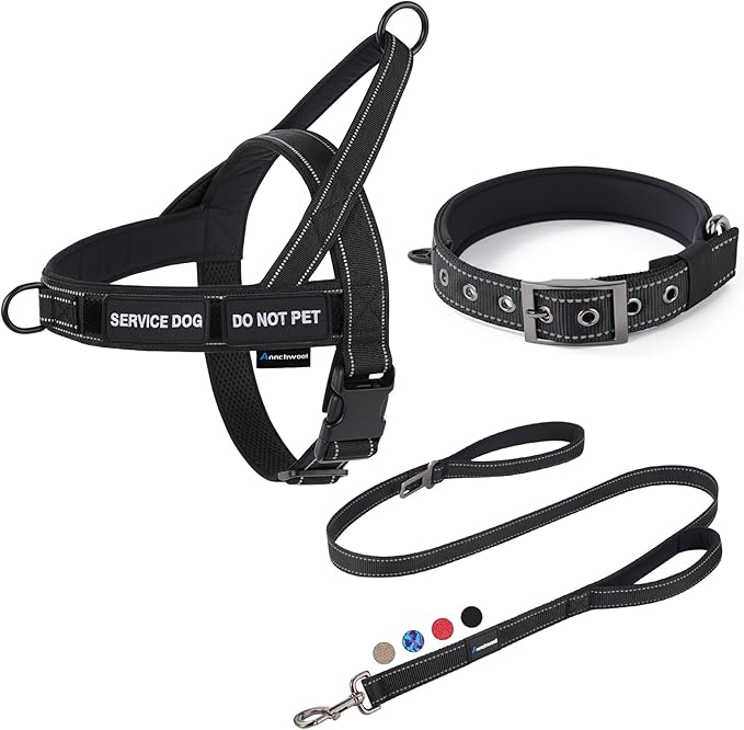 Annchwool No Pull Dog Harness,Collar & Leash Set|Reflective Dog Harness+Heavy Duty Dog Collar+Dog Leash with Double Handle & Car Seatbelt Clip|Easy for Walking Medium Large Size Dogs(Black,S)