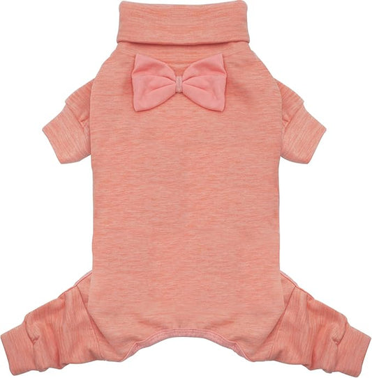 KYEESE Dog Coats Turtleneck Stretchy Pet Sweater Super Soft Warm Material Dogs Pajamas with Bowtie Dog Onesie for Small Dogs Cold Weather Coat, Pink,M