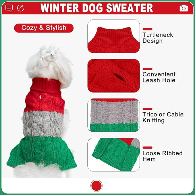 EXPAWLORER Dog Sweater - Small Dogs Fall Sweaters for Girls Boys,Classic Turtleneck Knitwear Dog Clothes for Cold Weather, Cable Knit Dogs Outfit,Coat,Pet Apparel Gift(Red&Green,S)