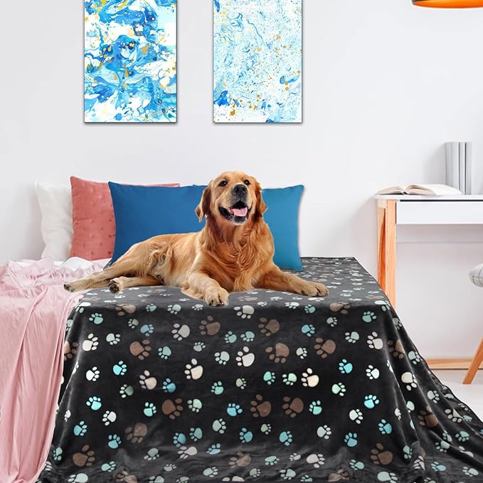 Dog Blanket for Large Dogs, Cat Flannel Washable Soft Pet Mat Throw Cover for Kennel Crate Bed, Cute Paw Pattern, Grey, 80x60 Inch