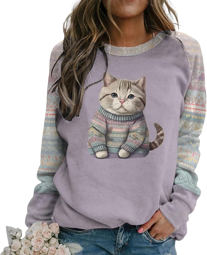 IVERIRMIN Womens 3D Cat Crewneck Sweatshirts Casual Cute Long Sleeve Shirts Pullover Tops Graphic Loose Fit Sweater for Women