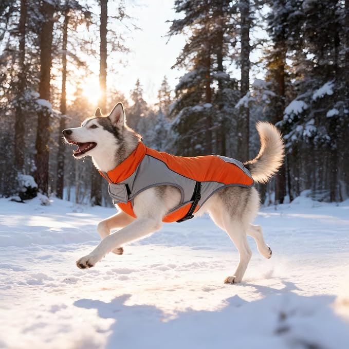 Dog Winter Coat - Waterproof Cold Weather Coat with Thick Padding, Windproof Dog's Snow Jacket with Neck & Tail Drawstrings, Reflective Dog Jacket - Large Pet Coats, Orange & Gray XXL