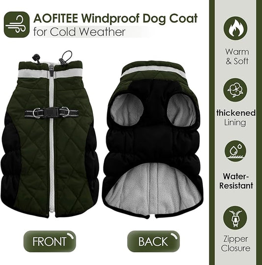 AOFITEE Dog Coat, Warm Dog Jacket, Reflective Winter Coats for Medium Dogs, Turtleneck Dogs Winter Jacket with Harness Built in, Waterproof Windproof Pet Fleece Vest Puffer Jacket, Green M
