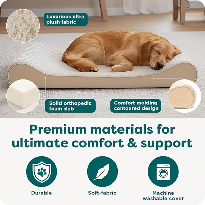 FurHaven Orthopedic Dog Bed for X-Large Dogs, Luxe Lounger Contour Mattress with Medical-Grade Solid Orthopedic Foam for Joint Support, Removable Washable Cover, Jumbo/XL, Plush Suede, Cream
