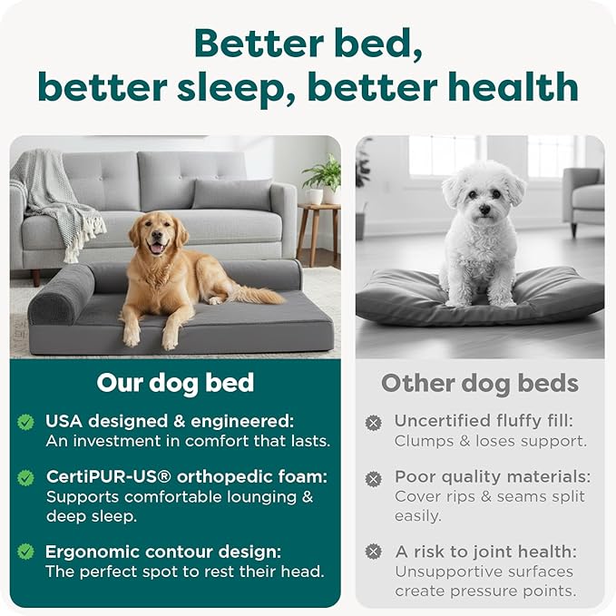 FurHaven Orthopedic Dog Bed for X-Large Dogs, L-Shaped Chaise Mattress with Egg Crate Orthopedic Memory Foam for Joint Support, Removable Washable Cover, Jumbo/XL, Plush & Velvet, Platinum Gray