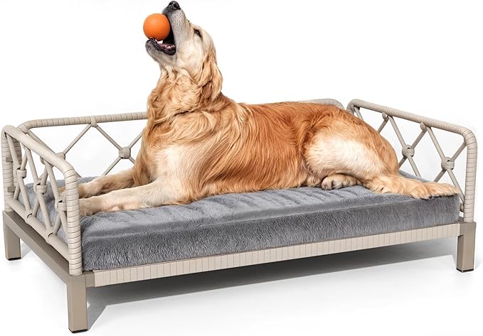 Dog Bed with Cushion, Cooling Elevated Raised Beds with Rattan Breathable Mesh and Universal Mat, Indoor & Outdoor Pet Cots for Large Dog, Grey